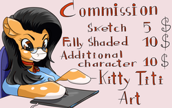 Size: 2300x1440 | Tagged: safe, artist:kittytitikitty, advertisement, colored hooves, commission, glasses, hoof hold, stylus, tablet