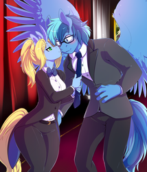 Size: 1800x2100 | Tagged: safe, artist:spazzykoneko, oc, oc:art's desire, oc:umami stale, pegasus, unicorn, anthro, blushing, bowtie, cheek kiss, clothes, female, glasses, kissing, male, mare, size difference, stallion, suit, theater