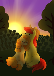 Size: 1024x1448 | Tagged: safe, artist:katrittaja, bright mac, pear butter, earth pony, pony, g4, the perfect pear, applejack's parents, couple, cowboy hat, eyes closed, female, hat, husband and wife, male, mare, ship:brightbutter, shipping, sitting, stallion, stetson, straight, sunset