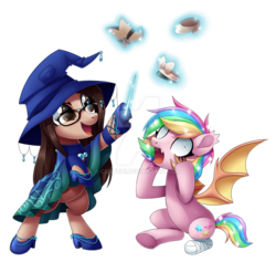 Size: 1024x969 | Tagged: safe, artist:centchi, oc, oc only, oc:paper stars, oc:wizdiana, bat pony, pony, bandage, bat pony oc, clothes, derp, dress, female, glasses, hat, hoof hold, magic, magic wand, mare, obtrusive watermark, rainbow hair, shoes, simple background, telekinesis, transparent background, watermark, wide eyes, witch hat