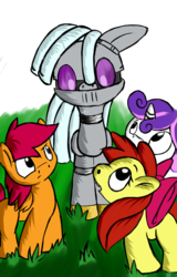 Size: 1271x1987 | Tagged: safe, artist:parassaux, apple bloom, scootaloo, sweetie belle, oc, oc:turing test, earth pony, pegasus, pony, robot, robot pony, unicorn, fanfic:the iron horse: everything's better with robots, g4, cutie mark crusaders, fanfic, fanfic art, simple background, transparent background