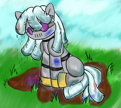 Size: 1672x1489 | Tagged: safe, artist:parassaux, oc, oc only, oc:turing test, pony, robot, robot pony, fanfic:the iron horse: everything's better with robots, fanfic, fanfic art, mud, sad
