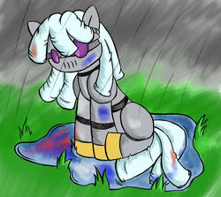 Size: 1672x1489 | Tagged: safe, alternate version, artist:parassaux, oc, oc only, oc:turing test, pony, robot, robot pony, fanfic:the iron horse: everything's better with robots, fanfic, fanfic art, mud, puddle, rain, sad