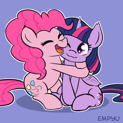 Size: 1000x1000 | Tagged: safe, artist:empyu, pinkie pie, twilight sparkle, alicorn, earth pony, pony, g4, 30 minute art challenge, cute, duo, duo female, eyes closed, female, hug, mare, smiling, twilight sparkle (alicorn)
