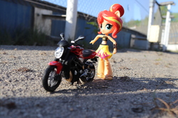 Size: 6000x4000 | Tagged: safe, artist:artofmagicpoland, sunset shimmer, equestria girls, equestria girls series, g4, doll, equestria girls minis, female, irl, motorcycle, photo, satire, solo, toy