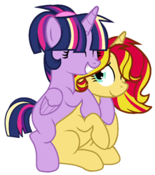 Size: 764x864 | Tagged: safe, artist:amberclarity, sunset shimmer, twilight sparkle, alicorn, pony, unicorn, g4, alternate hairstyle, base used, cute, eyes closed, female, lesbian, rainbow power, shimmerbetes, ship:sunsetsparkle, shipping, simple background, smiling, transparent background, twiabetes, twilight sparkle (alicorn)