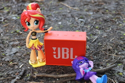 Size: 6000x4000 | Tagged: safe, artist:artofmagicpoland, sci-twi, sunset shimmer, twilight sparkle, equestria girls, g4, my little pony equestria girls: better together, ad parody, doll, equestria girls minis, female, irl, jbl, jbl go, parody, photo, product placement, satire, toy