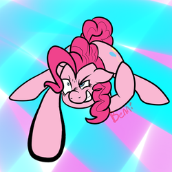 Size: 700x700 | Tagged: safe, artist:bennimarru, derpibooru exclusive, pinkie pie, g4, abstract background, angry, fighting stance, simple background, smiling