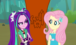 Size: 2000x1176 | Tagged: safe, artist:bigpurplemuppet99, aria blaze, fluttershy, equestria girls, g4, my little pony equestria girls: better together, angry, female, geode of fauna, lesbian, magical geodes, ship:ariashy, shipping