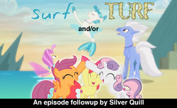 Size: 1280x784 | Tagged: safe, edit, edited screencap, screencap, apple bloom, ocean flow, scootaloo, sky beak, sweetie belle, terramar, oc, oc:silver quill, g4, surf and/or turf, cutie mark, cutie mark crusaders, episode followup, high five, text, the cmc's cutie marks