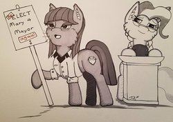 Size: 1024x726 | Tagged: safe, artist:zalla661, maud pie, mayor mare, g4, blushing, cheek fluff, female, lesbian, mayormaud, monochrome, partial color, shipping, sign, traditional art