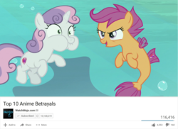 Size: 1280x930 | Tagged: safe, edit, edited screencap, screencap, scootaloo, sweetie belle, pegasus, pony, seapony (g4), unicorn, g4, surf and/or turf, bubble, duo, female, filly, holding breath, puffy cheeks, sea-mcs, seaponified, seapony scootaloo, species swap, top 10 anime list parody, underwater, watchmojo.com, your heart is in two places