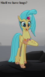 Size: 469x804 | Tagged: safe, edit, edited screencap, editor:korora, screencap, princess skystar, classical hippogriff, hippogriff, g4, my little pony: the movie, bronybait, cropped, hand on chest, jewelry, necklace, open mouth, open smile, pun, shell necklace, smiling, text, that seapony sure does love shells, this will end in grounding