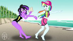 Size: 6830x3840 | Tagged: safe, artist:legendaryspider, rainbow dash, oc, oc:gem, equestria girls, g4, my little pony equestria girls: better together, barefoot, beach, board shorts, book, clothes, equestria girls-ified, feet, flat colors, geode of super speed, magical geodes, one-piece swimsuit, pointed breasts, protest, pulling, shorts, show accurate, swimming trunks, swimsuit