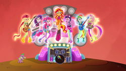 Size: 1920x1080 | Tagged: safe, screencap, applejack, dj pon-3, fluttershy, pinkie pie, rainbow dash, rarity, spike, sunset shimmer, twilight sparkle, vinyl scratch, dog, equestria girls, g4, my little pony equestria girls: rainbow rocks, amplifier, bass guitar, bassmobile, drums, electric guitar, floating, guitar, humane five, humane seven, humane six, keytar, mane six, microphone, musical instrument, ponied up, singing, spike the dog, tambourine, welcome to the show