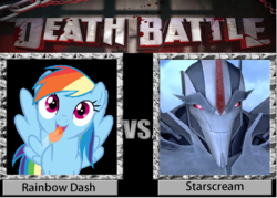 Size: 902x646 | Tagged: safe, artist:jcking101, rainbow dash, g4, clash of hasbro's titans, death battle, exploitable meme, meme, smiling, smirk, starscream, starscream vs rainbow dash, tongue out, transformers, transformers prime