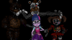 Size: 1920x1080 | Tagged: safe, artist:optimussparkle, sci-twi, twilight sparkle, equestria girls, g4, 3d, chase, circus baby, five nights at freddy's, freddy fazbear's pizzeria simulator, ignited freddy, molten freddy, scared, scrap baby, source filmmaker, the joy of creation
