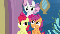 Size: 1280x720 | Tagged: safe, screencap, apple bloom, scootaloo, sweetie belle, seapony (g4), g4, surf and/or turf, cutie mark crusaders, indoors, laughing, raised eyebrow, sea-mcs, seaponified, seapony apple bloom, seapony scootaloo, seapony sweetie belle, species swap, trio, underwater