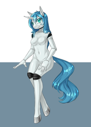 Size: 750x1050 | Tagged: artist needed, safe, oc, oc only, oc:silver heart, robot, robot pony, unicorn, anthro, unguligrade anthro, aperture iris, breasts, colored hooves, featureless breasts, hooves