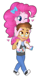 Size: 1024x1877 | Tagged: safe, artist:seishinann, pinkie pie, oc, oc:copper plume, equestria girls, equestria girls series, g4, blushing, bow, canon x oc, chibi, clothes, commission, commissioner:imperfectxiii, converse, copperpie, cute, diapinkes, freckles, glasses, heart, neckerchief, one eye closed, pants, pantyhose, sandals, shirt, shoes, shoulder ride, simple background, skirt, smiling, sneakers, transparent background, watermark