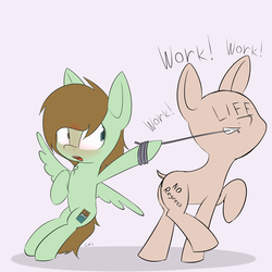 Size: 4000x4000 | Tagged: safe, artist:lofis, oc, oc:lifepone, oc:mint chocolate, pegasus, pony, biting, blushing, chest fluff, cute, dialogue, dragged, female, genderless, hairless, looking at something, marching, mare, pulling, pulling rope, spread wings, text, tied, tied up, walking, wings
