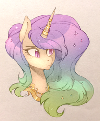 Size: 799x960 | Tagged: safe, artist:lispp, princess celestia, alicorn, pony, g4, bust, female, horn, horn jewelry, horn ring, jewelry, mare, solo, traditional art