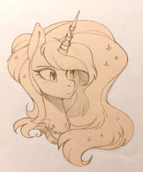 Size: 799x960 | Tagged: safe, artist:lispp, princess celestia, alicorn, pony, g4, female, horn, horn jewelry, horn ring, jewelry, mare, monochrome, sketch, solo, traditional art