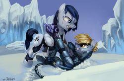 Size: 2000x1300 | Tagged: safe, artist:jedayskayvoker, oc, oc only, oc:caution, oc:counterweight, fallout equestria, agent maine/the meta, agent washington, armor, enclave, enclave armor, fight, grand pegasus enclave, ice, power armor, powersuit, project freelancer, red vs blue, snow, tundra, wasteland