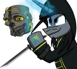 Size: 4000x3600 | Tagged: safe, artist:thesignedpainter, oc, oc only, oc:ink splatter, pony, unicorn, black hair, blue eyes, clothes, corvo attano, crossover, dishonored, facial hair, glowing horn, gray, grin, hood, horn, magic, male, mask, simple background, smiling, stallion, sword, tattoo, telekinesis, transparent background, video game, weapon