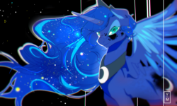 Size: 2697x1618 | Tagged: safe, artist:yosaun, princess luna, alicorn, pony, g4, chromatic aberration, crown, ethereal mane, female, glare, jewelry, looking at you, necklace, regalia, solo, starry mane