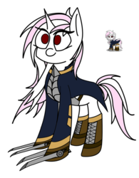 Size: 2012x2586 | Tagged: safe, oc, oc only, oc:banshee, pony, unicorn, pony town, clothes, high res, hoof blades, jacket, pink mane, red eyes