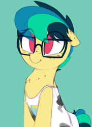 Size: 911x1260 | Tagged: safe, artist:shinodage, oc, oc only, oc:apogee, pegasus, pony, chest fluff, clothes, cute, cuteness overload, diageetes, eye clipping through hair, female, filly, floppy ears, freckles, glasses, hnnng, no pupils, ocbetes, shinodage is trying to murder us, solo, tank top, weapons-grade cute