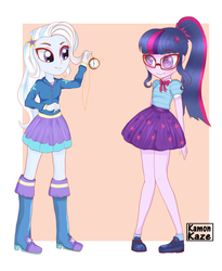 Size: 1600x1950 | Tagged: safe, artist:kamonkaze, sci-twi, trixie, twilight sparkle, equestria girls, g4, my little pony equestria girls: better together, boots, clothes, duo, female, glasses, hoodie, hypnosis, hypnotist, hypnotized, legs, pendulum swing, ponytail, shoes, skirt, socks, swirly eyes