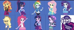 Size: 1642x668 | Tagged: safe, editor:php77, applejack, fluttershy, pinkie pie, rainbow dash, rarity, sci-twi, starlight glimmer, sunset shimmer, twilight sparkle, equestria girls, equestria girls series, g4, beanie, clothes, cowboy hat, crossed arms, geode of empathy, geode of fauna, geode of shielding, geode of sugar bombs, geode of super speed, geode of super strength, geode of telekinesis, glasses, hat, humane five, humane six, logo, looking at you, magical geodes, multicolored hair, pants, stetson, twilight sparkle (alicorn), watch, wristwatch