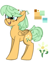 Size: 1016x1112 | Tagged: safe, artist:binkyt11, derpibooru exclusive, oc, oc only, oc:daphne, pegasus, pony, cutie mark, female, flower, freckles, headband, mare, reference sheet, simple background, smiling, solo, transparent background