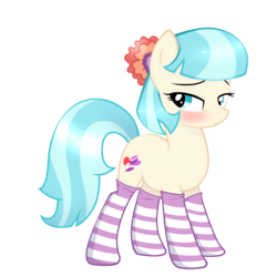 Size: 4000x4000 | Tagged: safe, artist:mikoneerd, coco pommel, earth pony, pony, g4, bedroom eyes, blushing, clothes, cocobetes, cute, female, mare, shy, simple background, socks, solo, striped socks, transparent background