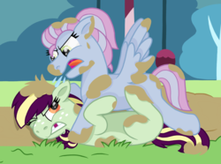 Size: 1024x761 | Tagged: safe, artist:cinnamon-swirls, artist:kindheart525, oc, oc only, oc:pristine melody, oc:turquoise edge, earth pony, pegasus, pony, kindverse, angry, catfight, collaboration, digital art, fight, magical lesbian spawn, mud, mud wrestling, next generation, offspring, parent:applejack, parent:coloratura, parent:limestone pie, parent:zephyr breeze, parents:rarajack, parents:zephyrstone, story in the source, story included, tooth gap