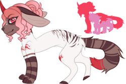 Size: 1095x730 | Tagged: safe, artist:mourningfog, oc, oc only, oc:beatrice, draconequus, curved horn, donkey ears, fluffy tail, hooves, horn, paws, simple background, stripes, transparent background
