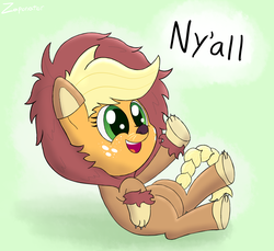 Size: 1944x1782 | Tagged: safe, artist:zaponator, applejack, earth pony, pony, g4, animal costume, applelion, braided tail, clothes, costume, cute, fake ears, female, freckles, gradient background, green background, jackabetes, legs in air, nya, on back, open mouth, pun, simple background, smiling, solo, y'all