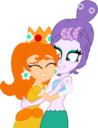 Size: 770x1007 | Tagged: safe, artist:user15432, artist:yaycelestia0331, human, mermaid, equestria girls, g4, bare shoulders, barely eqg related, barely pony related, base used, cala maria, clothes, crossover, crown, cuphead, dress, duo, ear piercing, earring, equestria girls style, equestria girls-ified, eyes closed, gloves, hug, huggies, jewelry, nintendo, piercing, princess daisy, regalia, seashell bra, strapless, studio mdhr, super mario bros., super smash bros.
