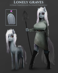 Size: 961x1200 | Tagged: safe, artist:maarthul, oc, oc only, oc:lonely graves, pony, anthro, anthro ponidox, anthro with ponies, big breasts, breasts, female, flower, gravestone, mare, reference sheet, self ponidox, shovel