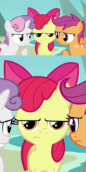 Size: 756x1512 | Tagged: safe, edit, edited screencap, editor:secrettitan, screencap, apple bloom, scootaloo, sweetie belle, earth pony, pegasus, pony, unicorn, g4, surf and/or turf, apple bloom is not amused, argument, cutie mark crusaders, discovery family logo, female, filly, trio, unamused