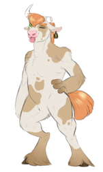 Size: 400x662 | Tagged: safe, artist:vindhov, oc, oc only, minotaur, broken horn, crack ship offspring, ear tag, horn, interspecies offspring, magical gay spawn, male, offspring, one eye closed, parent:big macintosh, parent:iron will, parents:ironmac, simple background, solo, tongue out, transparent background, unshorn fetlocks, wink