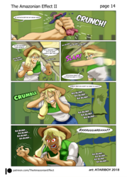 Size: 1681x2344 | Tagged: safe, artist:atariboy2600, artist:bluecarnationstudios, applejack, comic:the amazonian effect, comic:the amazonian effect ii, equestria girls, g4, adventure in the comments, angry, applejacked, canterlot high, clothes, comic, cowboy hat, descriptive noise, dialogue, eyes closed, female, fetish, freckles, growth, hallway, hat, lockers, motion blur, muscle fetish, muscle growth, muscles, open mouth, patreon, patreon logo, punch, red eyes, solo, speech bubble, stetson, story in the comments