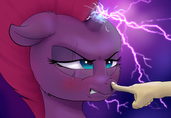 Size: 1200x830 | Tagged: safe, artist:xbi, tempest shadow, pony, unicorn, g4, my little pony: the movie, angry, blushing, boop, broken horn, eye scar, female, hand, horn, mare, non-consensual booping, now you fucked up, scar, sparking horn, this will end in pain, this will not end well