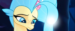 Size: 1391x583 | Tagged: safe, screencap, princess skystar, seapony (g4), g4, my little pony: the movie, blue mane, bubble, bust, colored pupils, crepuscular rays, cropped, dorsal fin, eyeshadow, female, fin, floppy ears, flower, flower in hair, flowing mane, glowing, makeup, ocean, one small thing, portrait, sad, scales, seaquestria, solo, swimming, tail, throne, throne room, underwater, water, wings