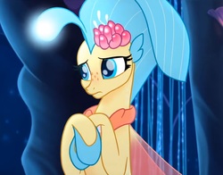 Size: 1029x806 | Tagged: safe, screencap, princess skystar, seapony (g4), g4, my little pony: the movie, beautiful, bioluminescent, blue eyes, cropped, cute, eyelashes, female, fins, flower, flower in hair, freckles, sad, seaquestria, seashell necklace, skyabetes, solo, underwater, water, wings