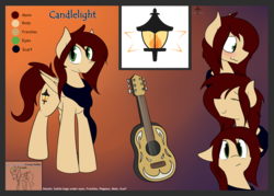 Size: 4288x3064 | Tagged: safe, artist:candel, oc, oc:candlelight, pegasus, pony, blushing, clothes, confused, flustered, freckles, guitar, happy, male, reference sheet, scarf