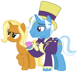 Size: 3803x3595 | Tagged: safe, artist:sketchmcreations, idw, jack pot, sunflower spectacle, pony, unicorn, g4, grannies gone wild, spoiler:comic, spoiler:comic40, bowtie, clothes, crossed legs, cup, duo, father, father and mother, female, hat, high res, male, mare, mother, mother and father, raised hoof, ruffled shirt, scrunchy face, ship:jacktacle, simple background, smiling, stallion, suit, teacup, top hat, transparent background, trixie's parents, vector