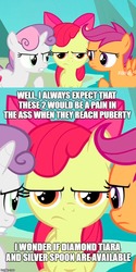 Size: 500x1000 | Tagged: safe, edit, edited screencap, editor:secrettitan, screencap, apple bloom, scootaloo, sweetie belle, earth pony, pegasus, pony, unicorn, g4, surf and/or turf, apple bloom is not amused, argument, cutie mark crusaders, discovery family logo, female, filly, meme, trio, unamused